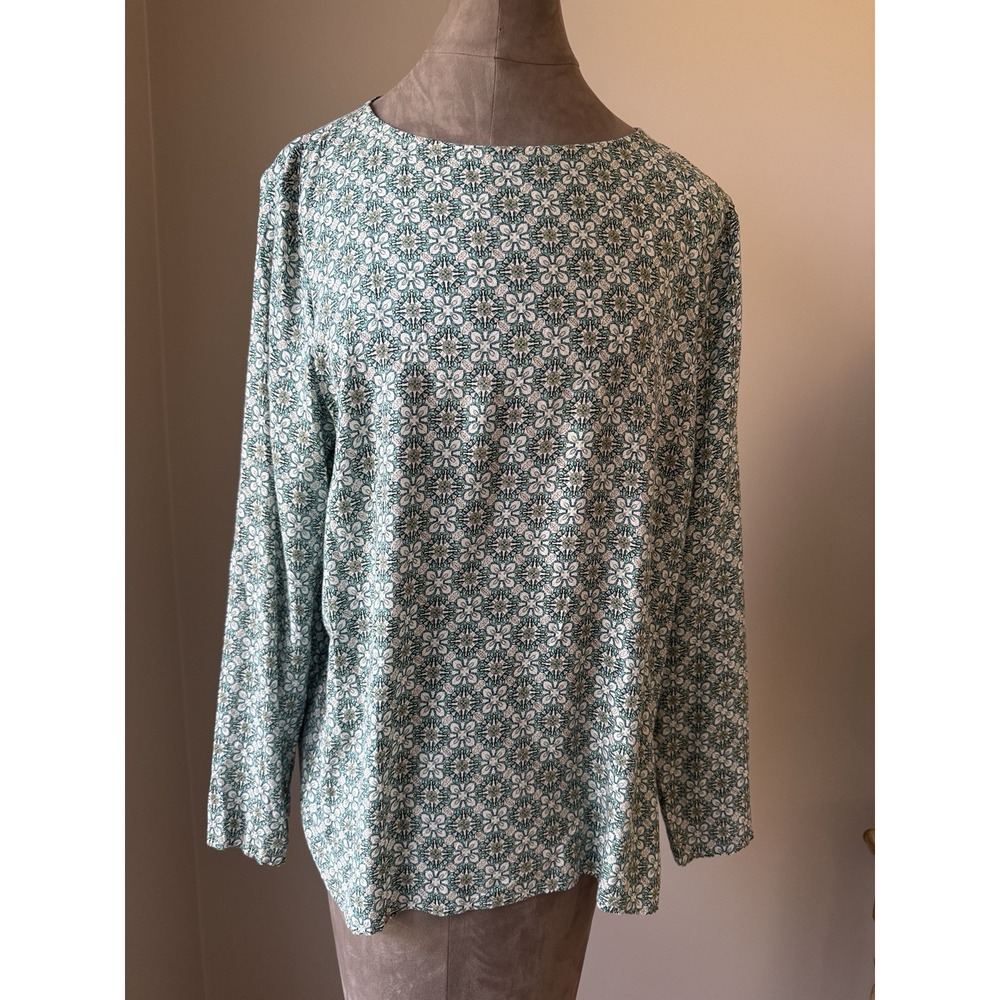 J Jill Floral Dress Shirt Long Sleeve Split Back Green & white Sz Large Fall Top